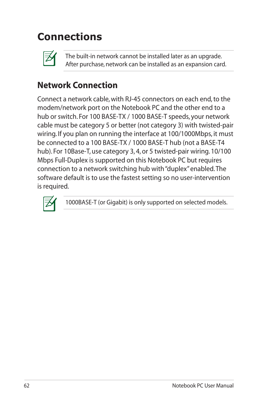 Connections, Network connection | Asus N82JV User Manual | Page 62 / 110