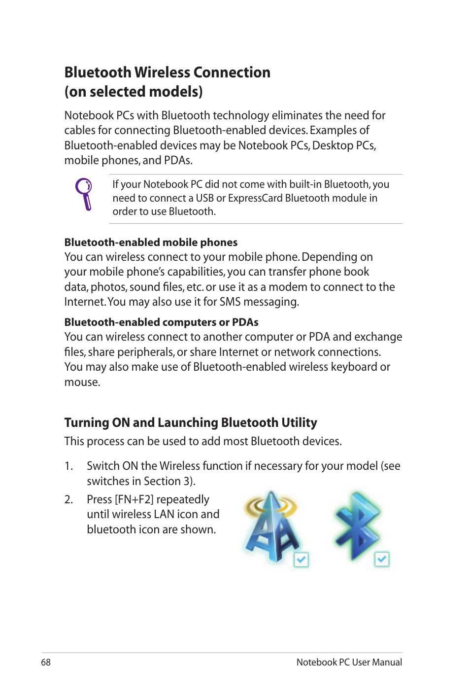 Bluetooth wireless connection(on selected models), Bluetooth wireless connection (on selected models) | Asus N82JV User Manual | Page 68 / 110