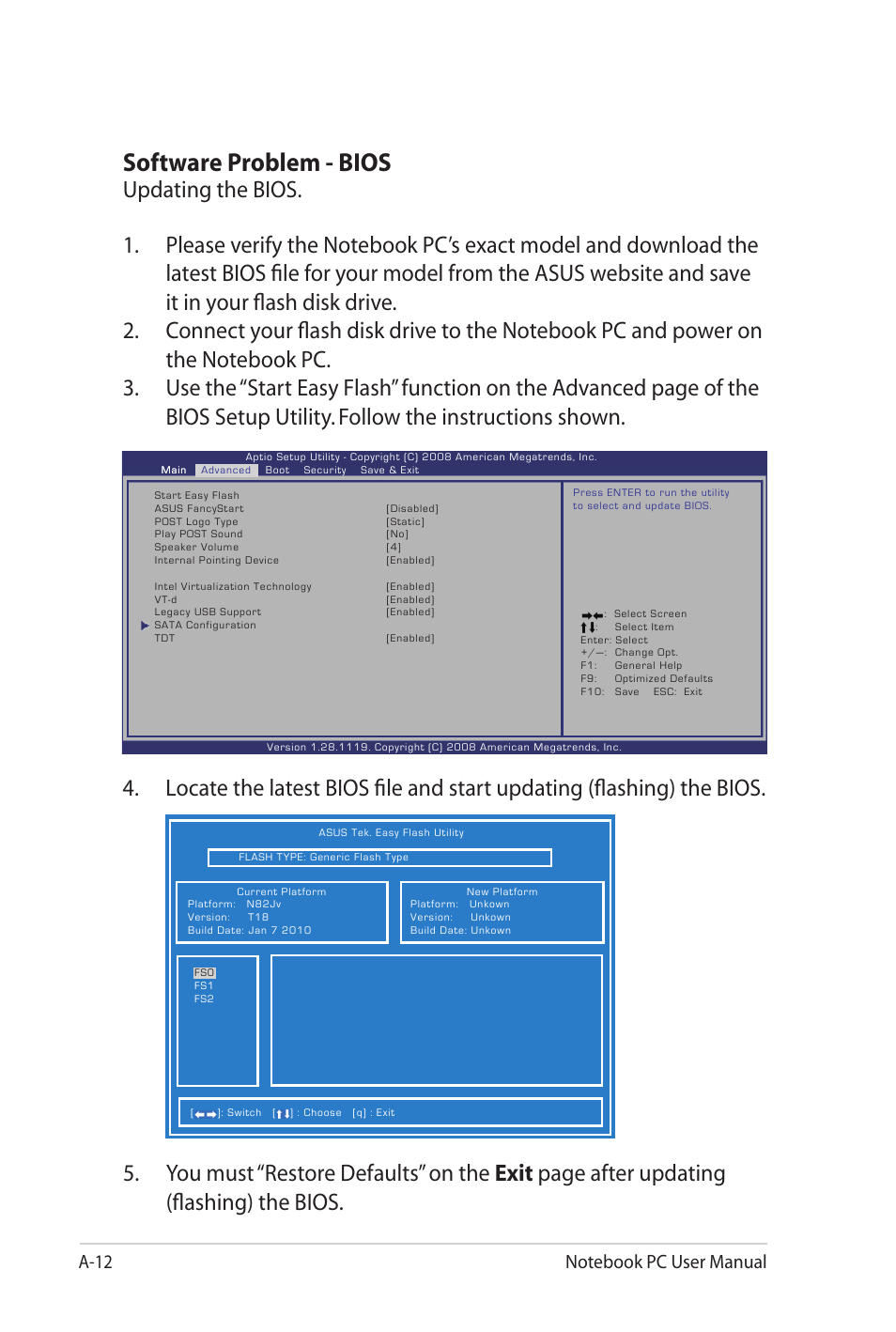 Software problem - bios | Asus N82JV User Manual | Page 82 / 110