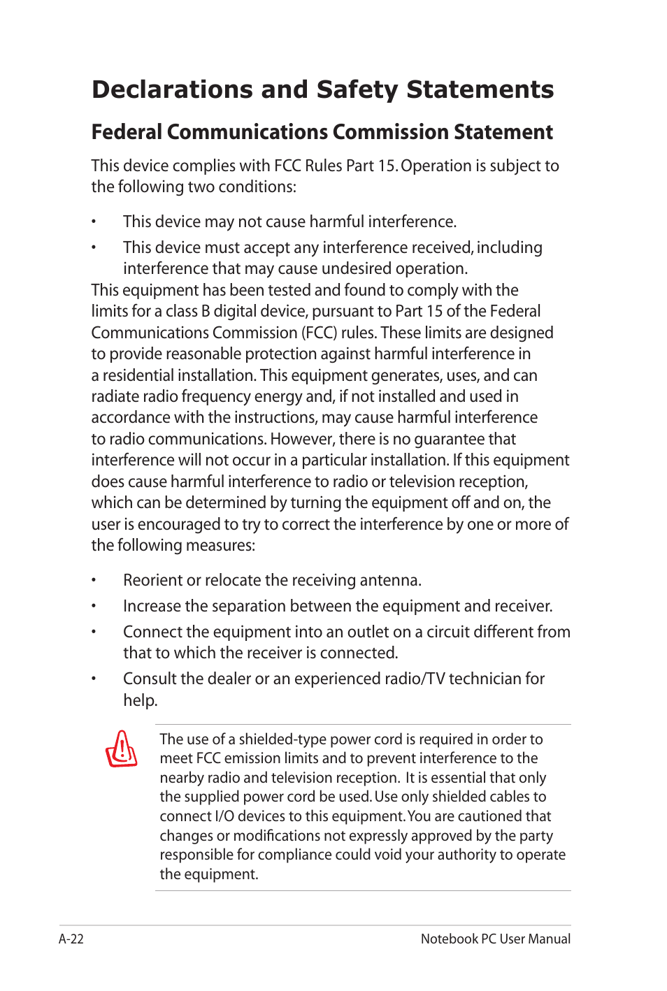 Declarations and safety statements, Federal communications commission statement | Asus N82JV User Manual | Page 92 / 110