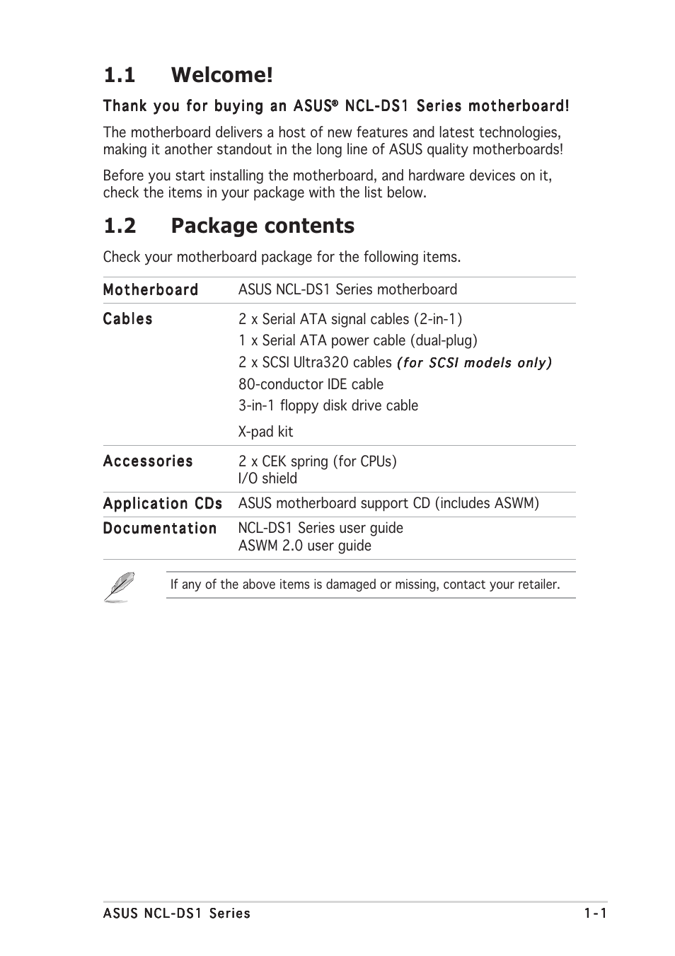 1 welcome, 2 package contents | Asus NCL-DS1R1 User Manual | Page 15 / 108