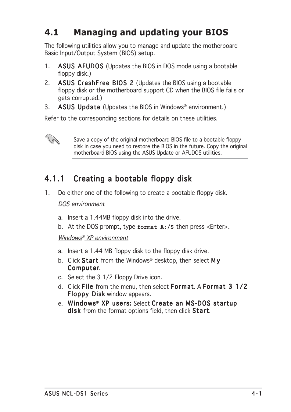 1 managing and updating your bios | Asus NCL-DS1R1 User Manual | Page 63 / 108