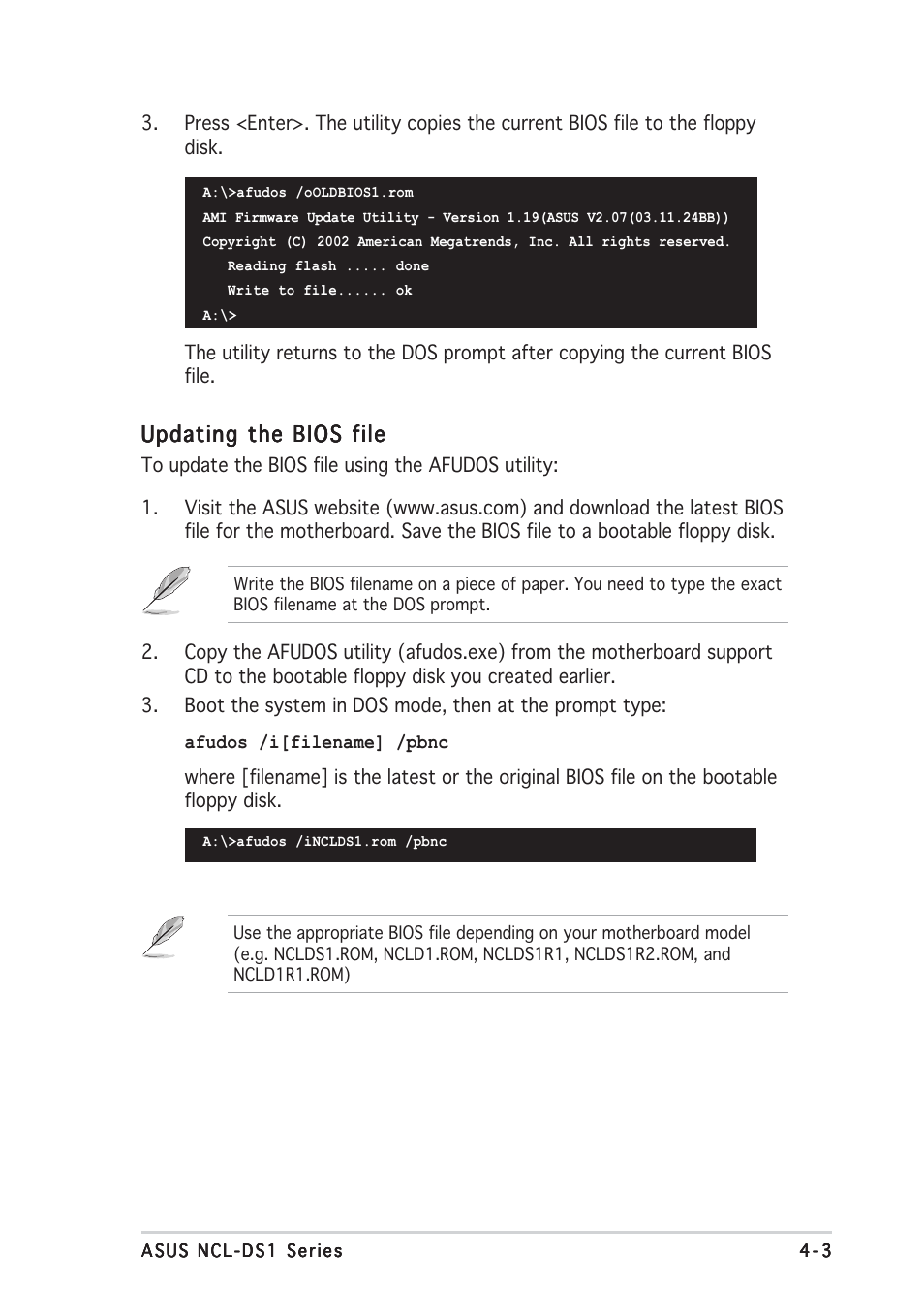 Updating the bios file | Asus NCL-DS1R1 User Manual | Page 65 / 108