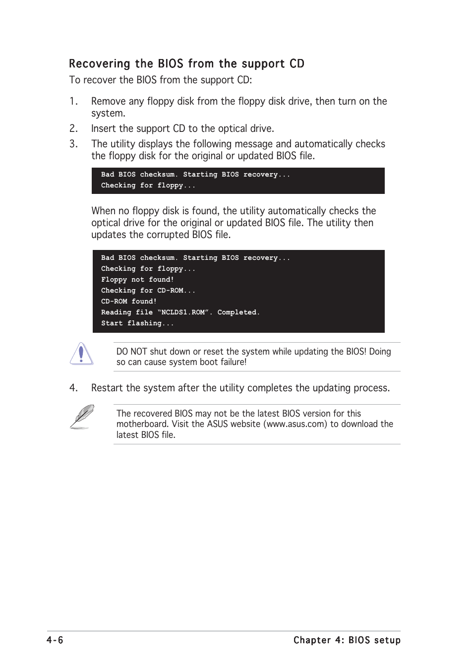 Recovering the bios from the support cd | Asus NCL-DS1R1 User Manual | Page 68 / 108