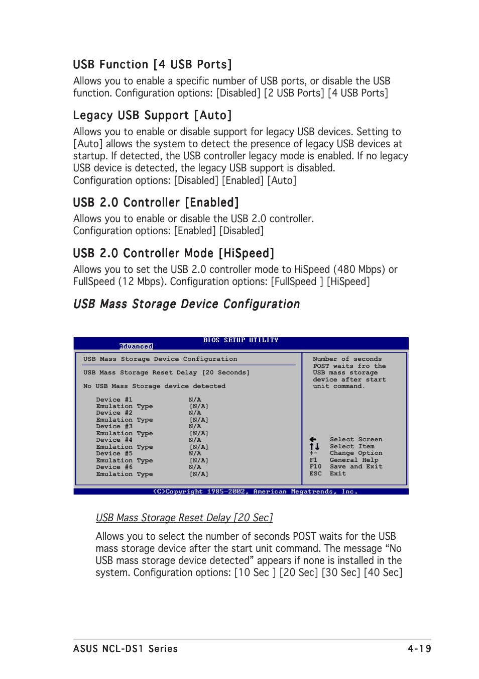 Usb function [4 usb ports, Legacy usb support [auto, Usb 2.0 controller [enabled | Usb 2.0 controller mode [hispeed, Usb mass storage device configuration | Asus NCL-DS1R1 User Manual | Page 81 / 108