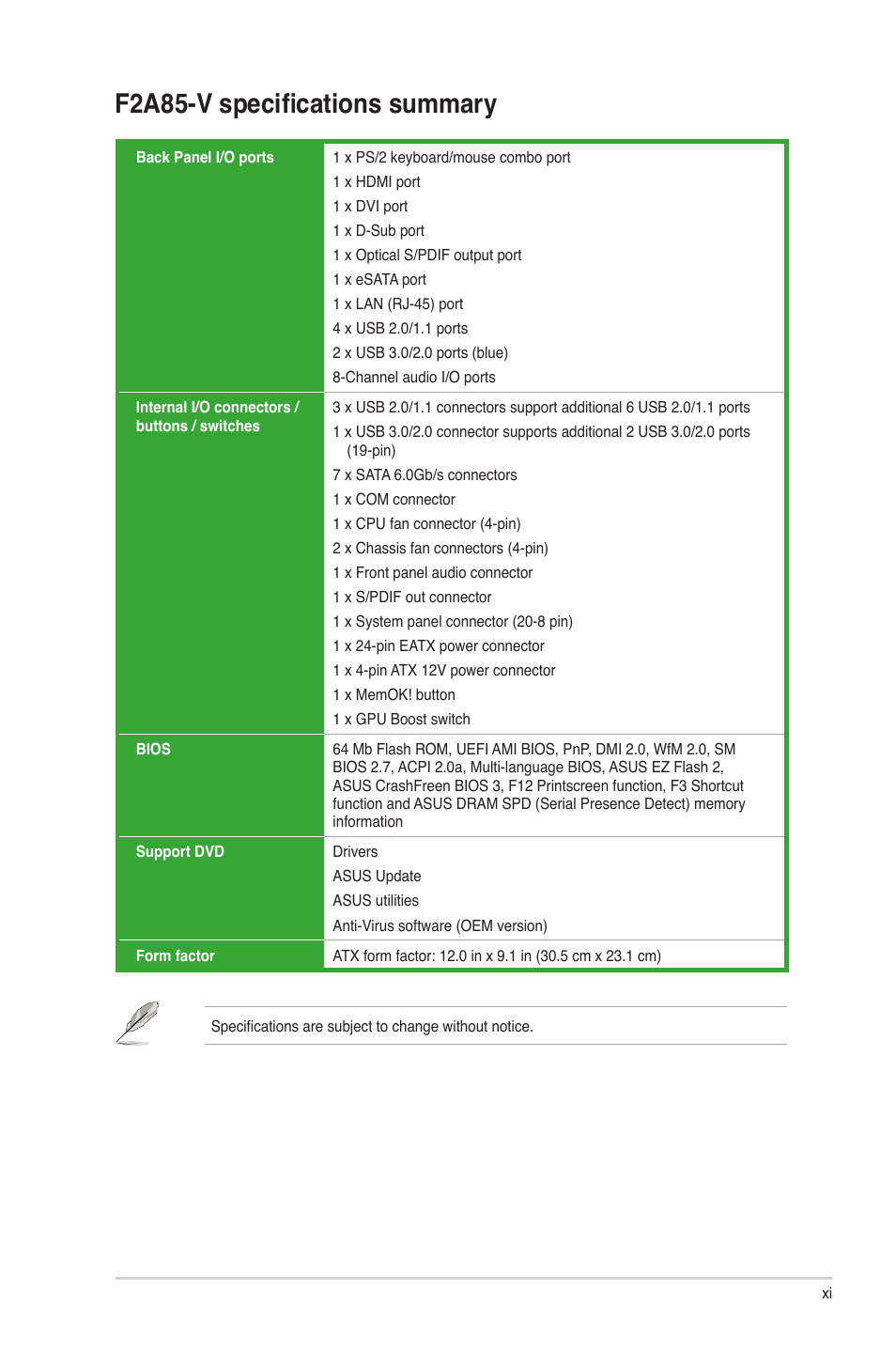 F2a85-v specifications summary | Asus F2A85-V User Manual | Page 11 / 82