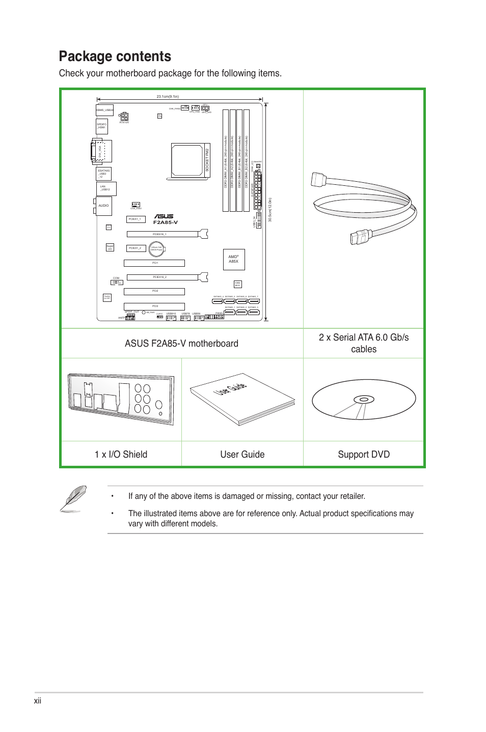 Package contents, User guide, 1 x i/o shield user guide support dvd | Asus F2A85-V User Manual | Page 12 / 82