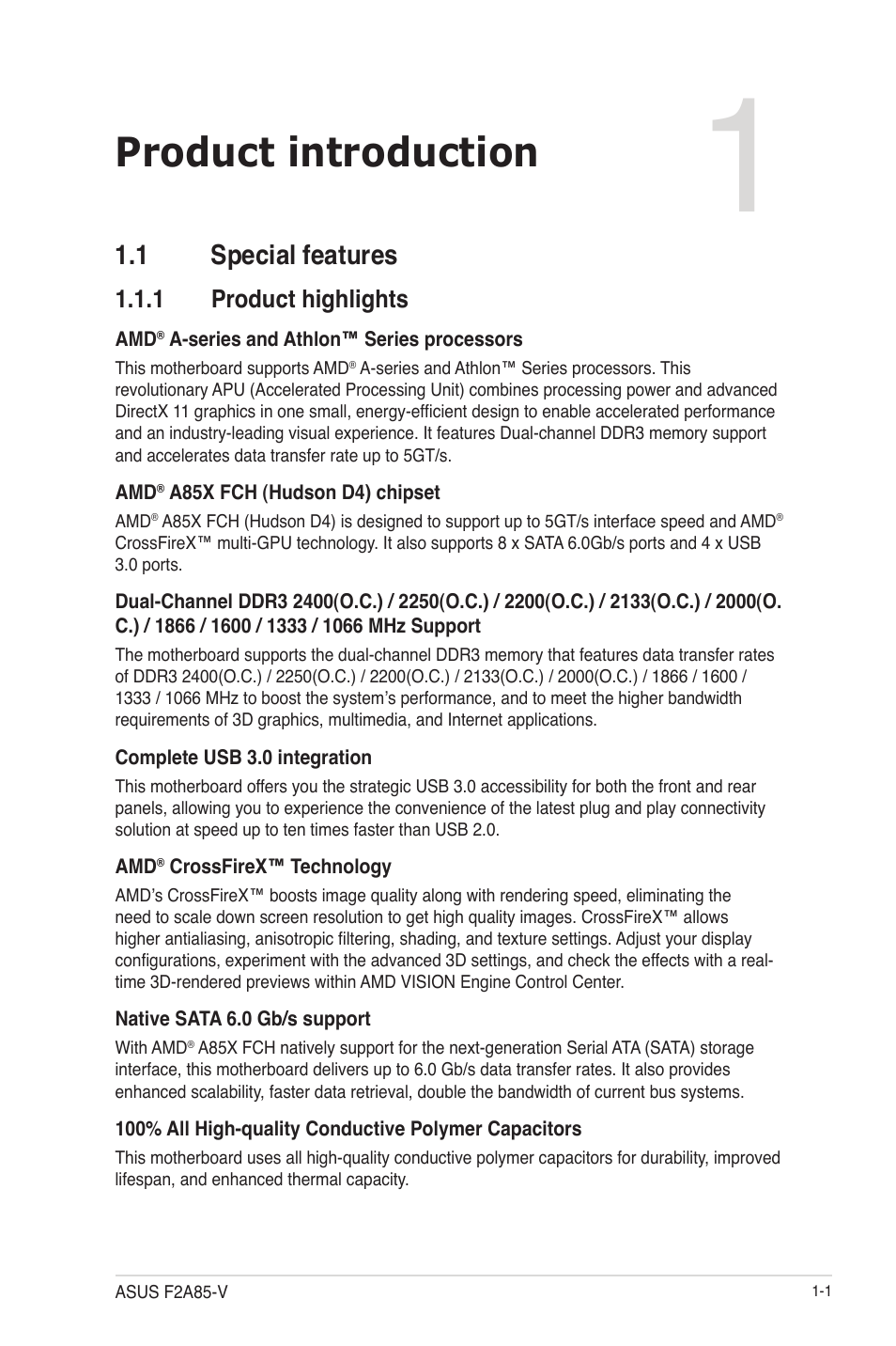 Chapter 1: product introduction, 1 special features, 1 product highlights | Product introduction, 1 special features -1, Product highlights -1 | Asus F2A85-V User Manual | Page 13 / 82