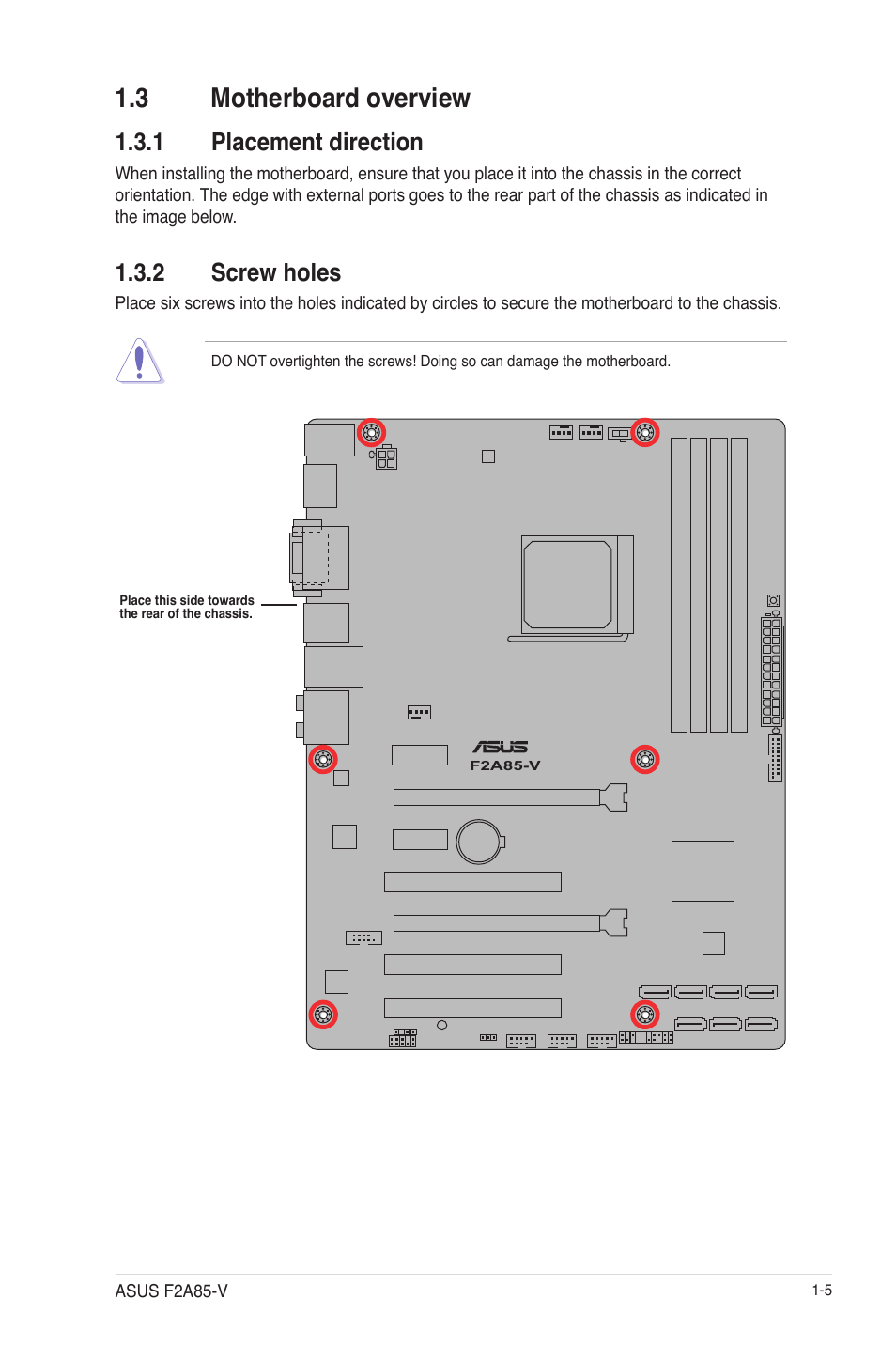 3 motherboard overview, 1 placement direction, 2 screw holes | 3 motherboard overview -5, Placement direction -5, Screw holes -5 | Asus F2A85-V User Manual | Page 17 / 82