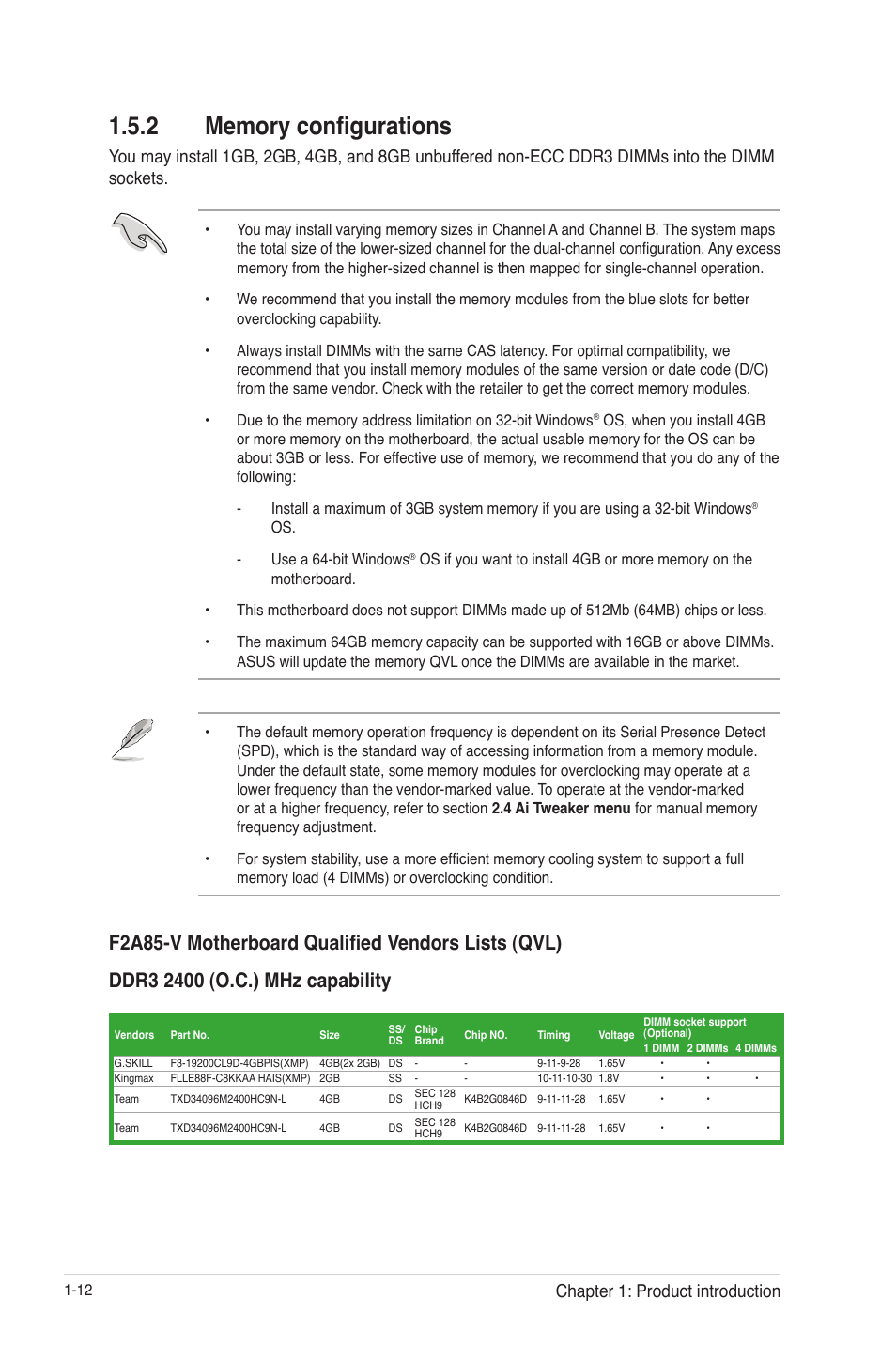 2 memory configurations, Memory configurations -12, Chapter 1: product introduction | Asus F2A85-V User Manual | Page 24 / 82