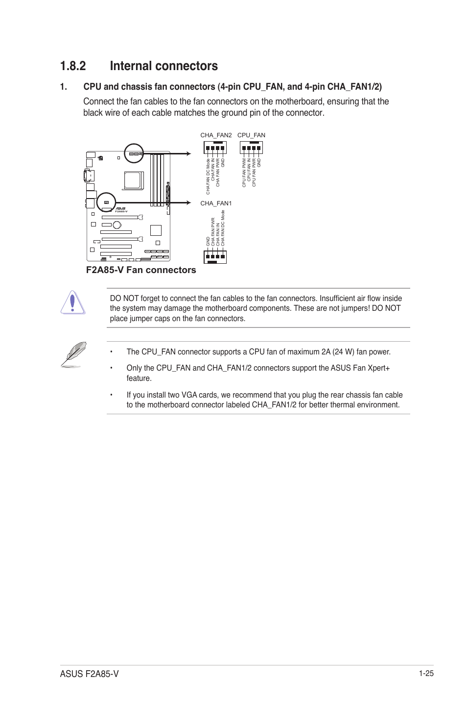 2 internal connectors, Internal connectors -25, F2a85-v fan connectors | Asus f2a85-v | Asus F2A85-V User Manual | Page 37 / 82