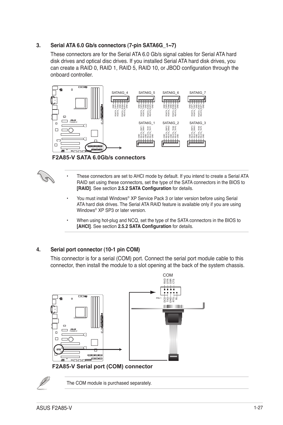 F2a85-v serial port (com) connector, Asus f2a85-v, The com module is purchased separately | Asus F2A85-V User Manual | Page 39 / 82