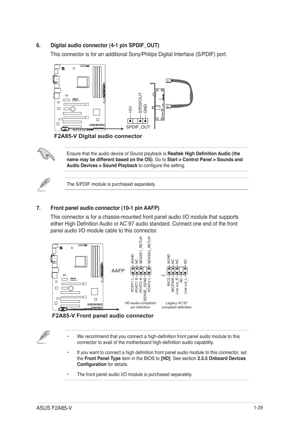 F2a85-v digital audio connector, F2a85-v front panel audio connector, Asus f2a85-v | Asus F2A85-V User Manual | Page 41 / 82