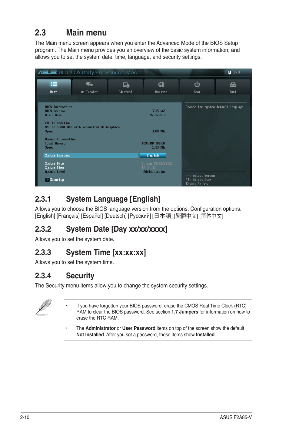 3 main menu, 1 system language [english, 2 system date [day xx/xx/xxxx | 3 system time [xx:xx:xx, 4 security, 3 main menu -10, System language [english] -10, System date [day xx/xx/xxxx] -10, System time [xx:xx:xx] -10, Security -10 | Asus F2A85-V User Manual | Page 56 / 82