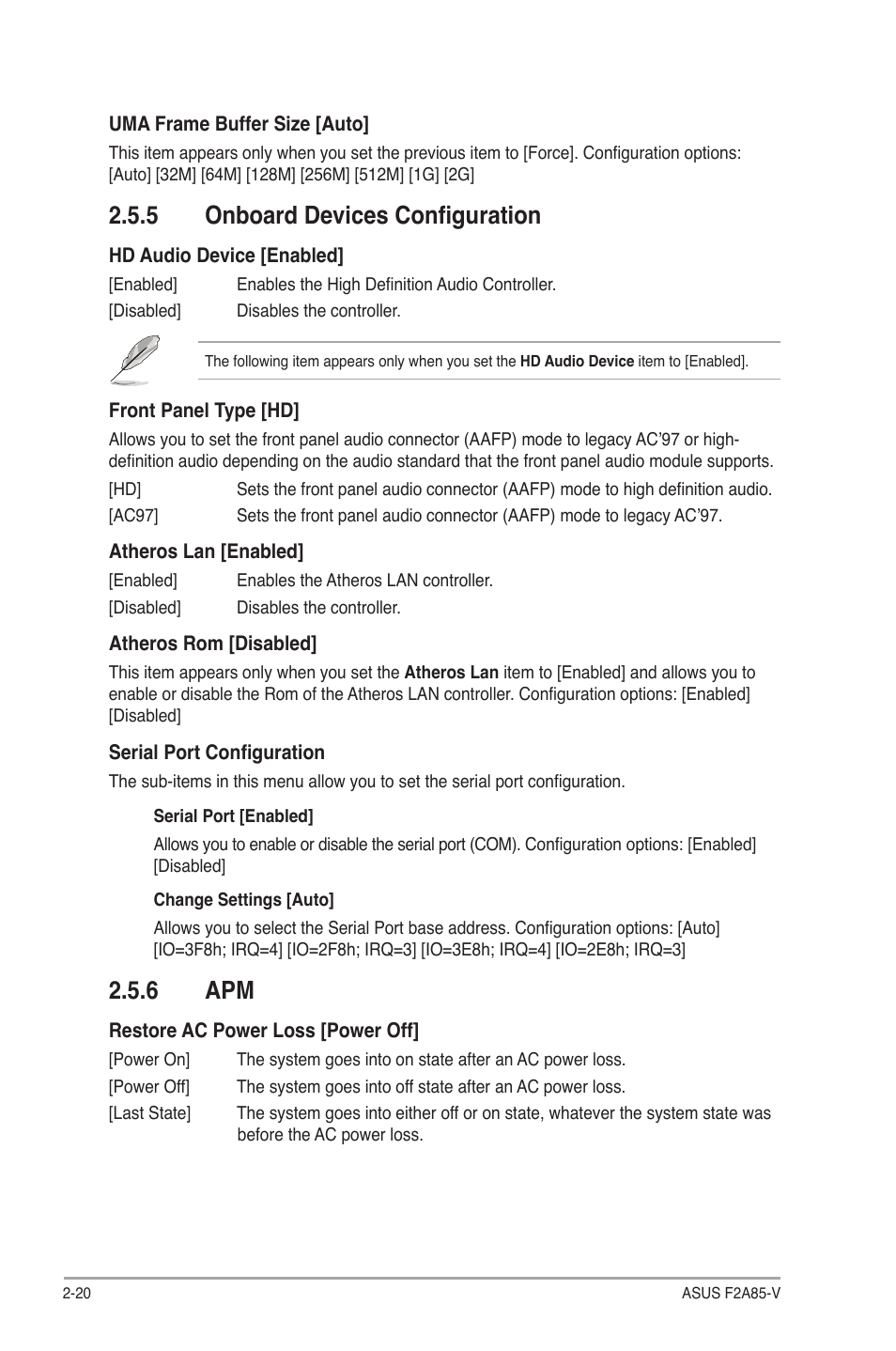 5 onboard devices configuration, 6 apm, Onboard devices configuration -20 | Apm -20 | Asus F2A85-V User Manual | Page 66 / 82