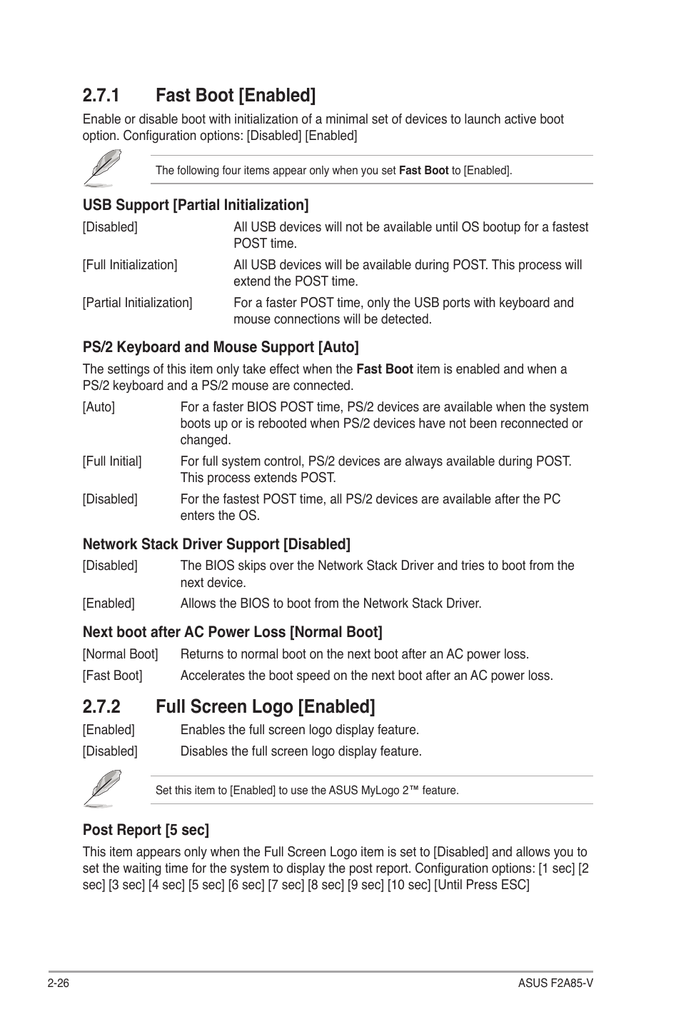1 fast boot [enabled, 2 full screen logo [enabled, Fast boot [enabled] -26 | Full screen logo [enabled] -26 | Asus F2A85-V User Manual | Page 72 / 82