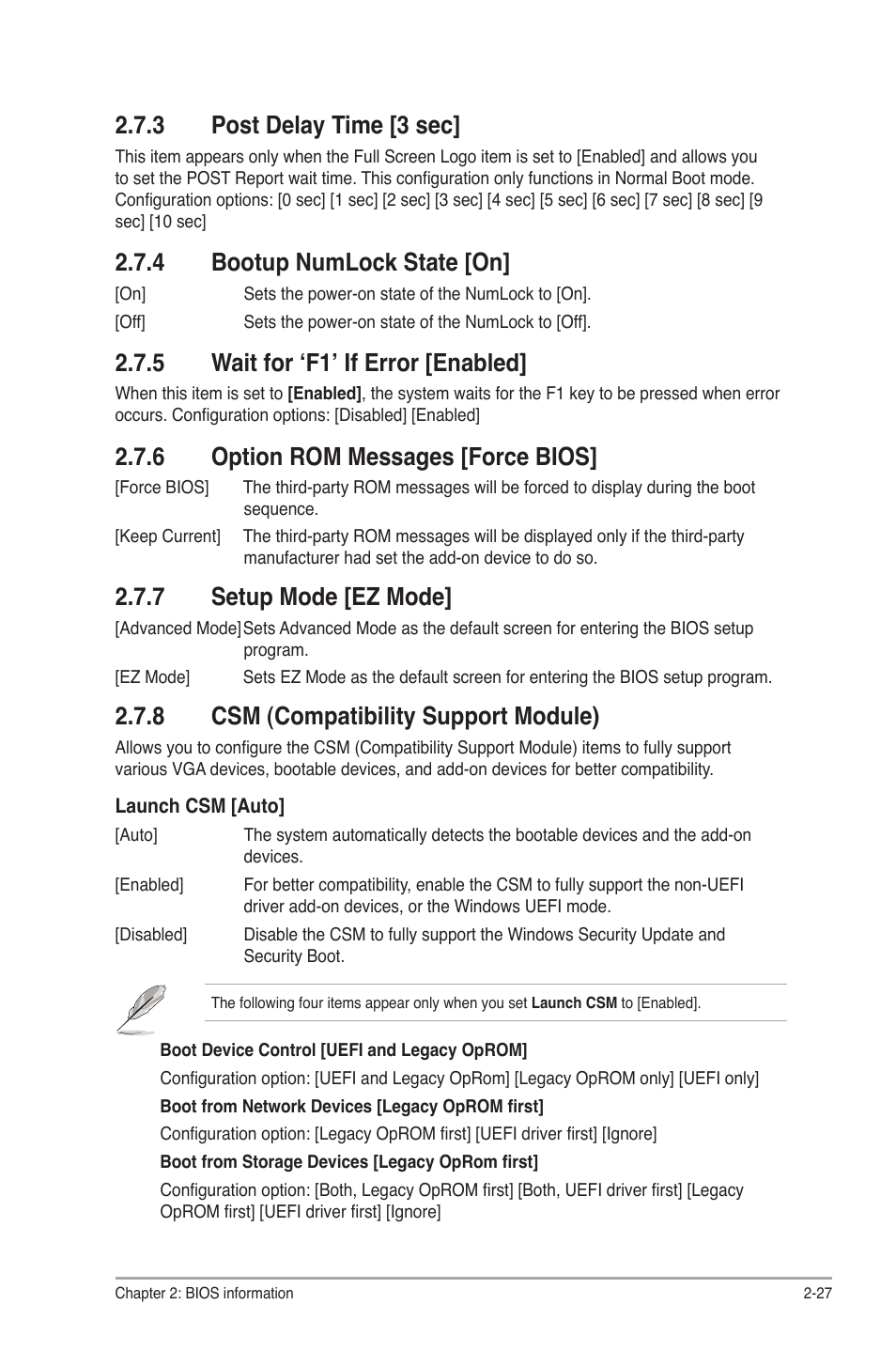 3 post delay time [3 sec, 4 bootup numlock state [on, 5 wait for ‘f1’ if error [enabled | 6 option rom messages [force bios, 7 setup mode [ez mode, 8 csm (compatibility support module), Post delay time [3 sec] -27, Bootup numlock state [on] -27, Wait for ‘f1’ if error [enabled] -27, Option rom messages [force bios] -27 | Asus F2A85-V User Manual | Page 73 / 82