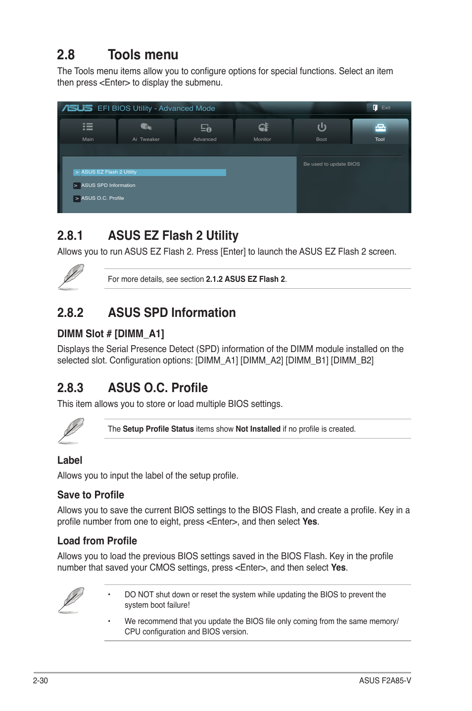 8 tools menu, 1 asus ez flash 2 utility, 2 asus spd information | 3 asus o.c. profile, 8 tools menu -30, Asus ez flash 2 utility -30, Asus spd information -30, Asus o.c. profile -30, Label, Save to profile | Asus F2A85-V User Manual | Page 76 / 82