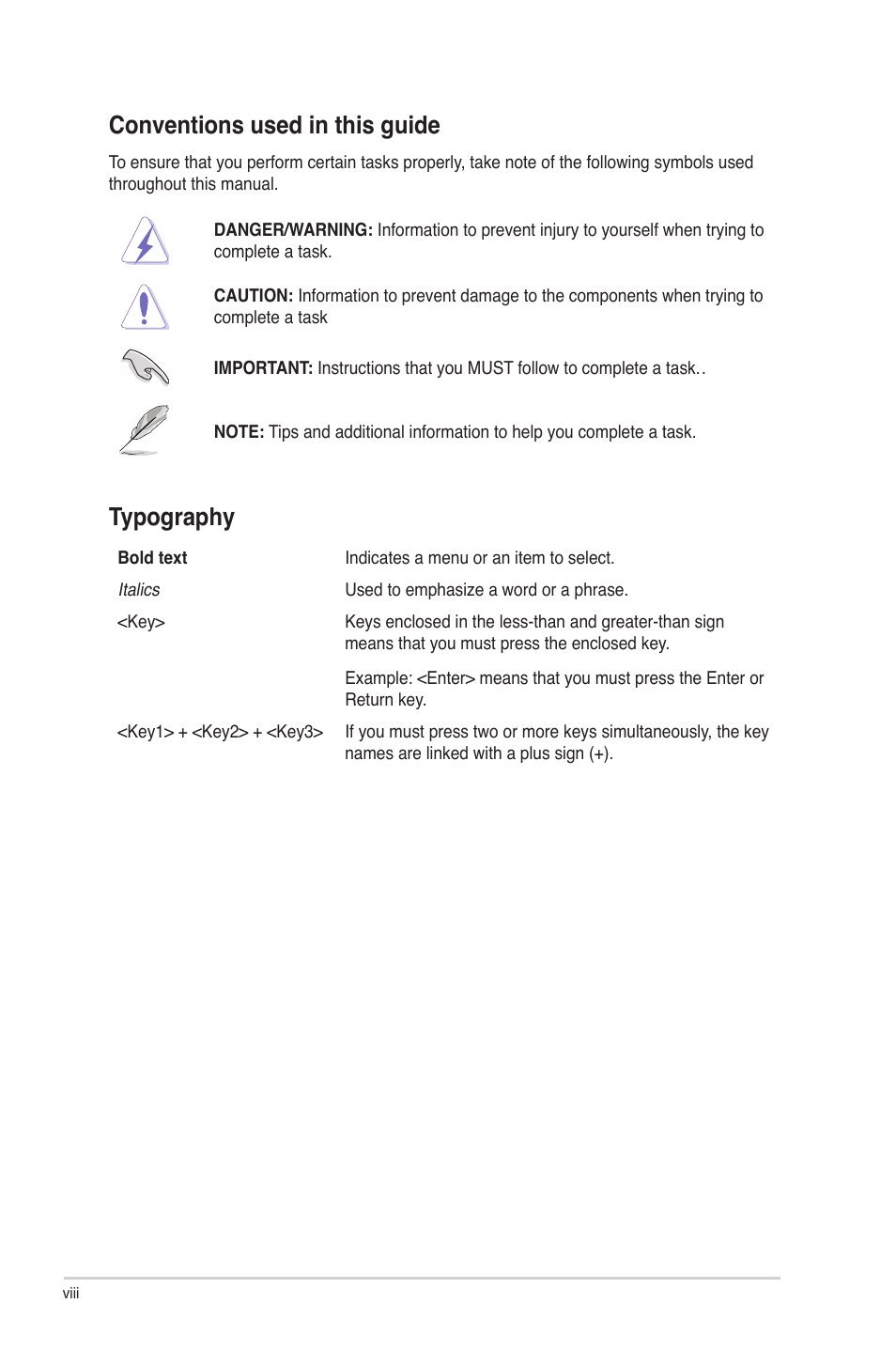 Conventions used in this guide, Typography | Asus F2A85-V User Manual | Page 8 / 82