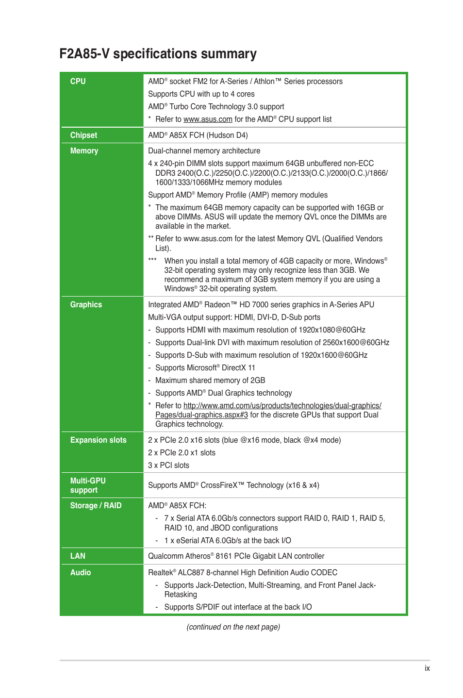 F2a85-v specifications summary | Asus F2A85-V User Manual | Page 9 / 82