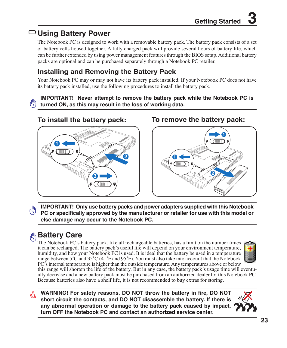 Using battery power, Battery care | Asus Z96H User Manual | Page 23 / 69