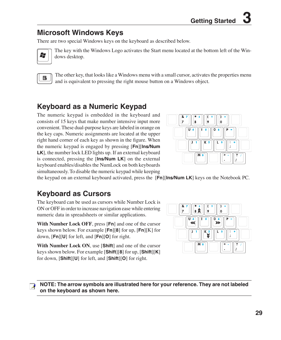 Microsoft windows keys, Keyboard as a numeric keypad, Keyboard as cursors | 29 getting started | Asus Z96H User Manual | Page 29 / 69