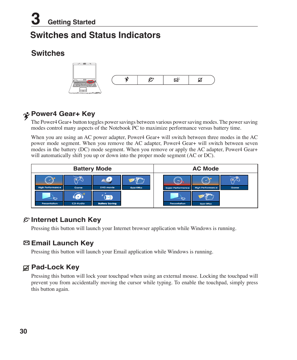 Switches and status indicators, Switches | Asus Z96H User Manual | Page 30 / 69