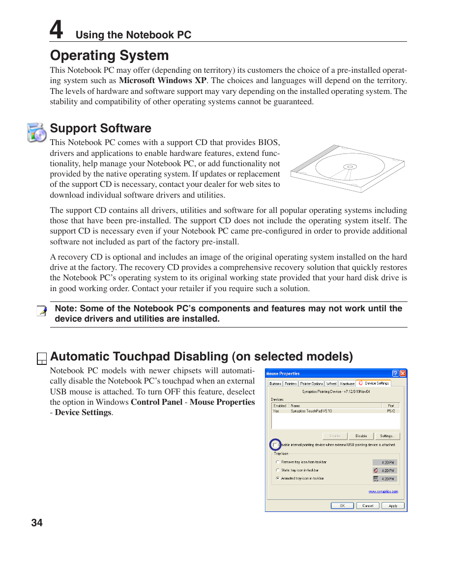 Operating system, Support software, Automatic touchpad disabling (on selected models) | Asus Z96H User Manual | Page 34 / 69