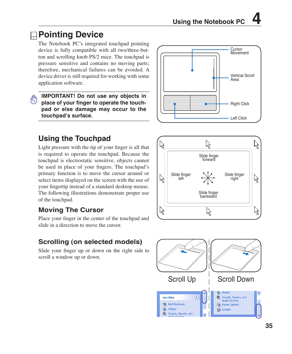 Pointing device, Using the touchpad, Scroll down scroll up | Asus Z96H User Manual | Page 35 / 69