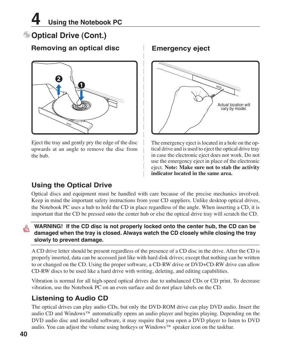 Optical drive (cont.) | Asus Z96H User Manual | Page 40 / 69