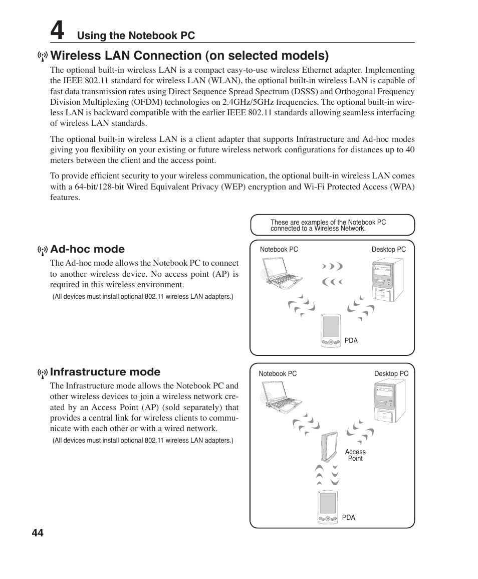 Wireless lan connection (on selected models) | Asus Z96H User Manual | Page 44 / 69