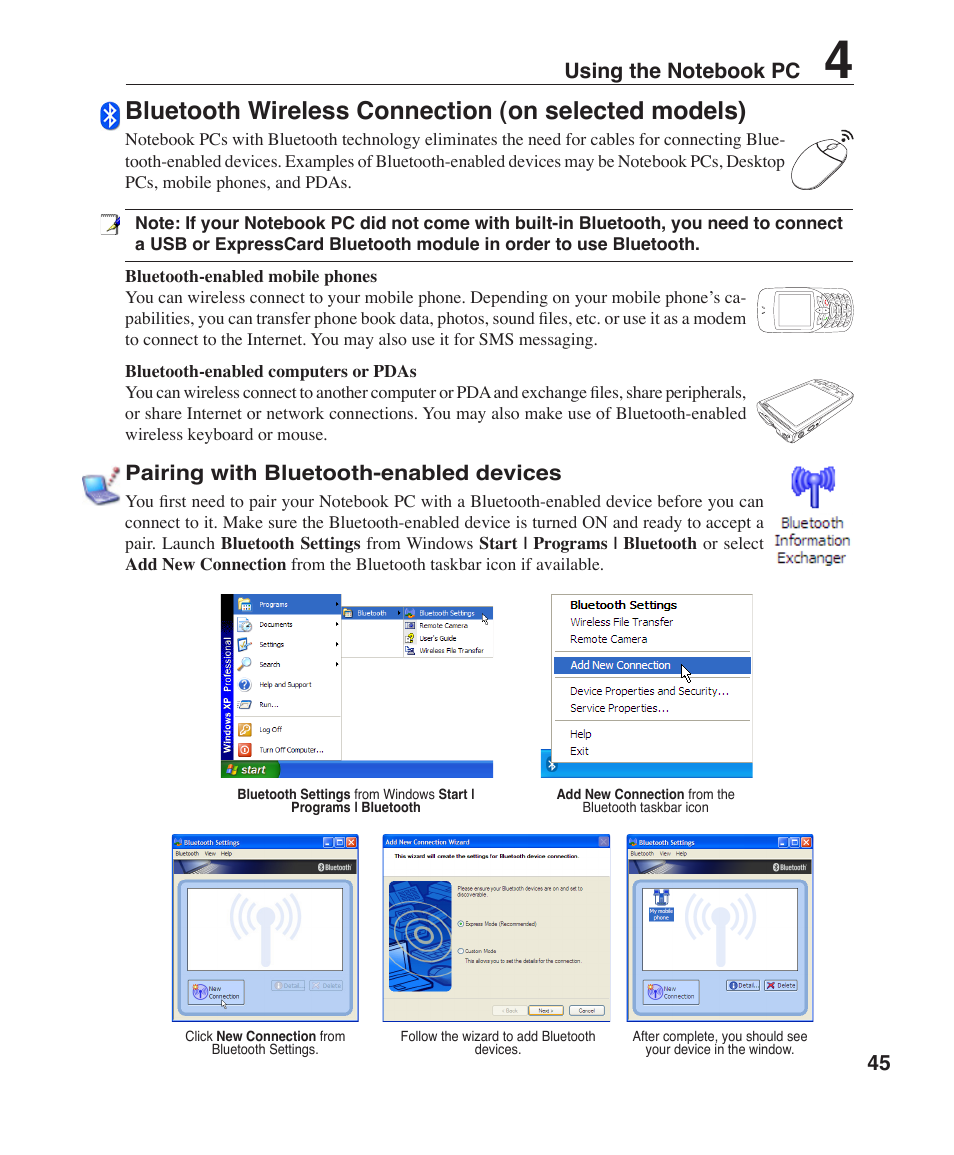 Bluetooth wireless connection (on selected models), Pairing with bluetooth-enabled devices | Asus Z96H User Manual | Page 45 / 69