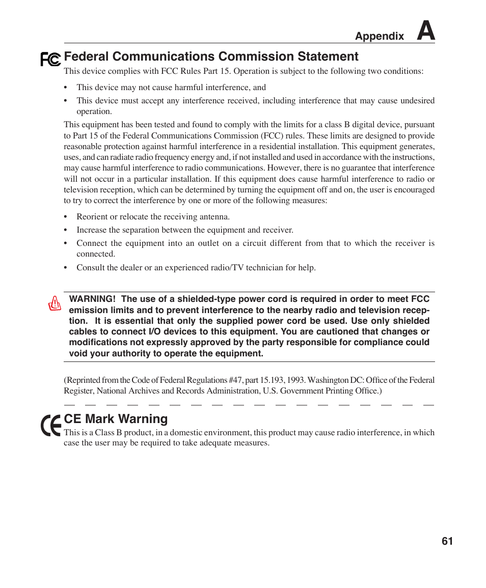 Federal communications commission statement, Ce mark warning | Asus Z96H User Manual | Page 61 / 69