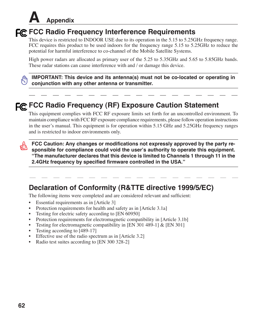 Fcc radio frequency interference requirements | Asus Z96H User Manual | Page 62 / 69