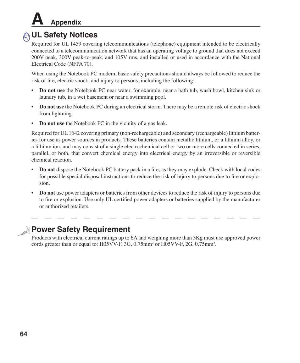 Ul safety notices, Power safety requirement | Asus Z96H User Manual | Page 64 / 69