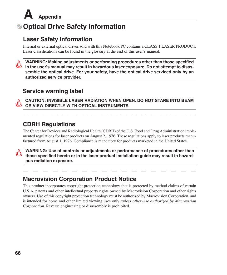 Optical drive safety information, Service warning label, Cdrh regulations | Macrovision corporation product notice, Laser safety information | Asus Z96H User Manual | Page 66 / 69