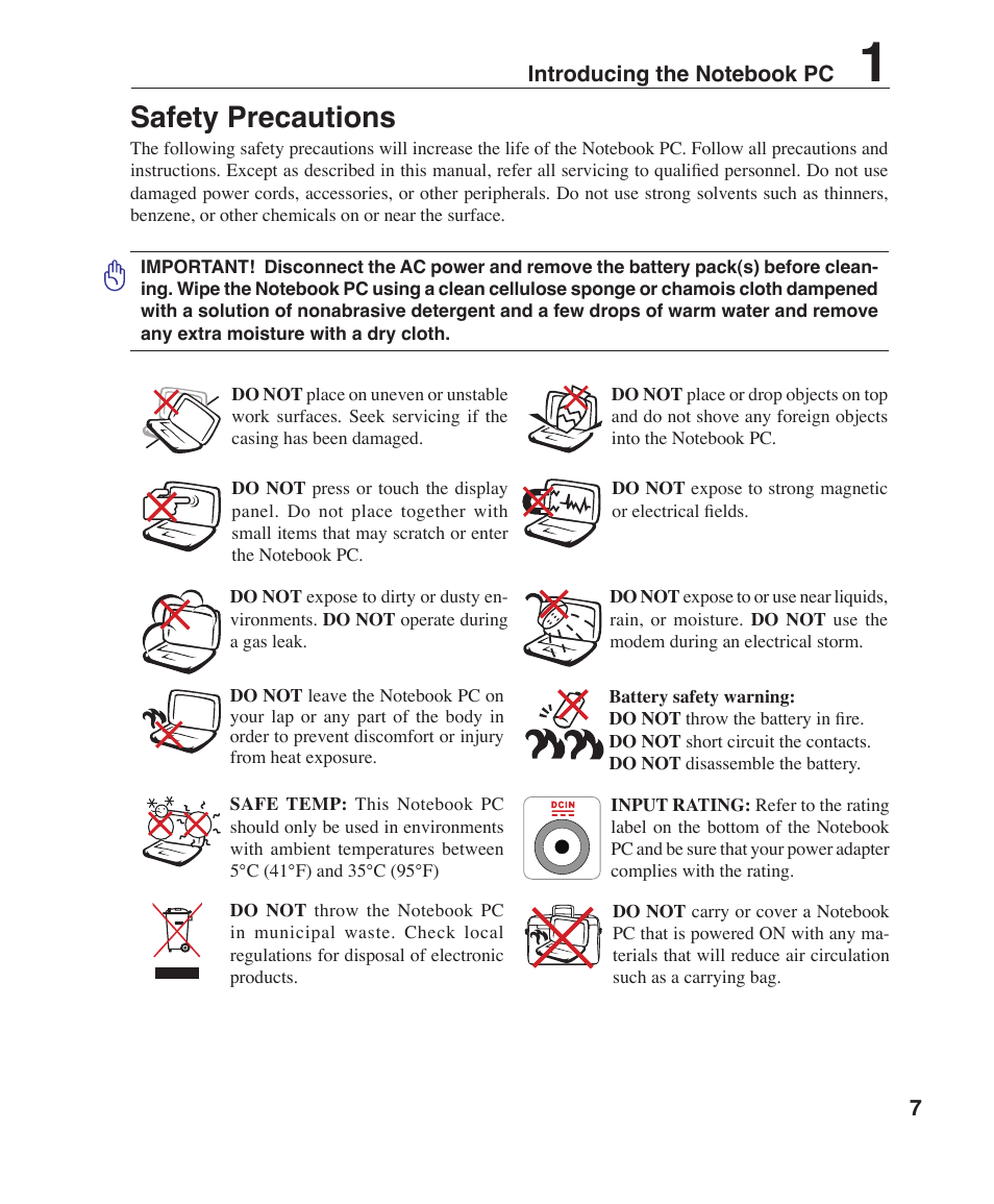 Safety precautions | Asus Z96H User Manual | Page 7 / 69