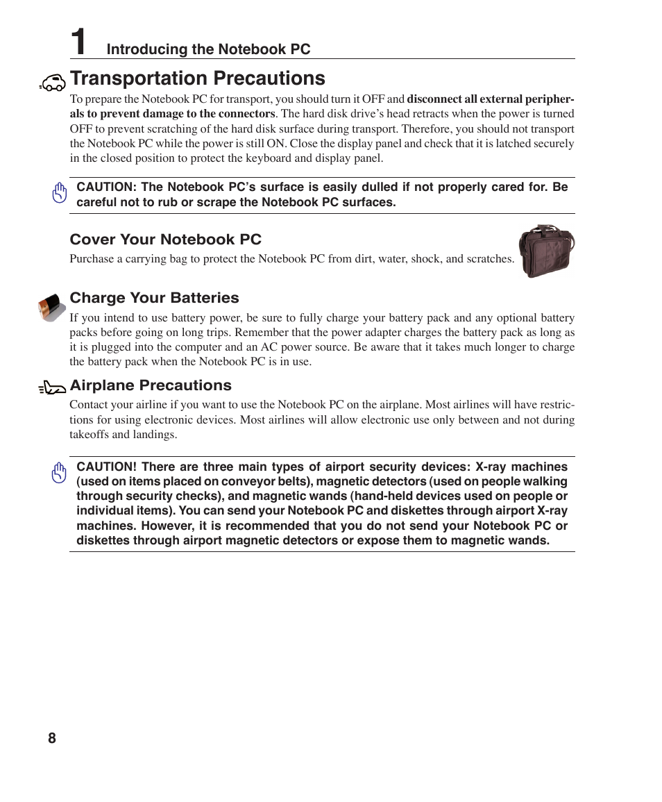 Transportation precautions | Asus Z96H User Manual | Page 8 / 69