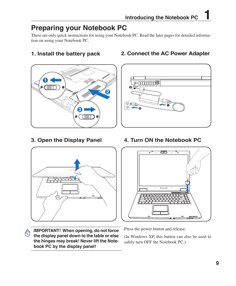 Preparing your notebook pc | Asus Z96H User Manual | Page 9 / 69