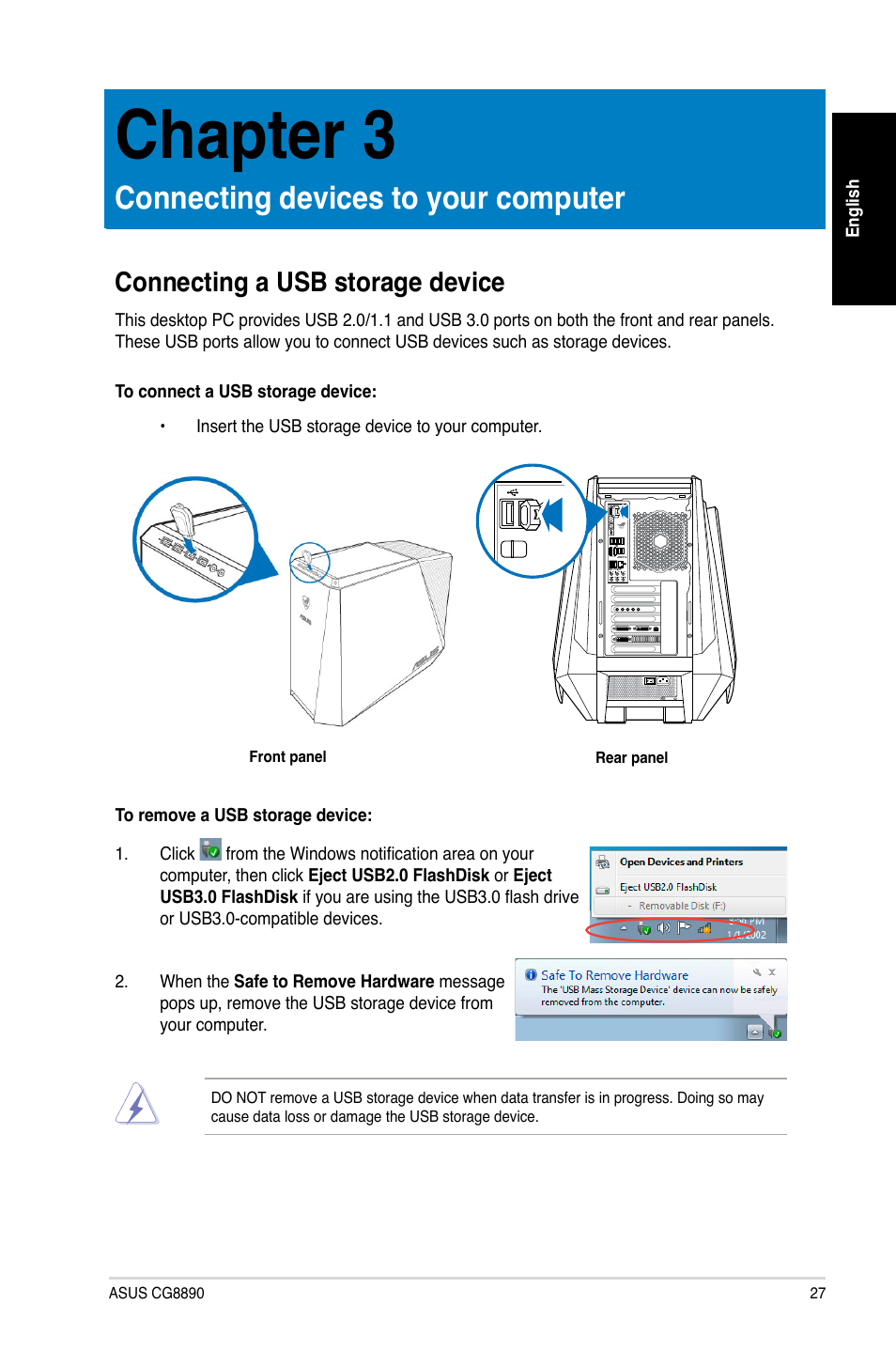 Chapter 3, Connecting devices to your computer, Connecting a usb storage device | Asus CG8890 User Manual | Page 27 / 88