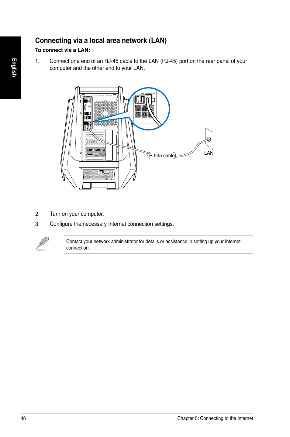 Connecting via a local area network (lan) | Asus CG8890 User Manual | Page 48 / 88