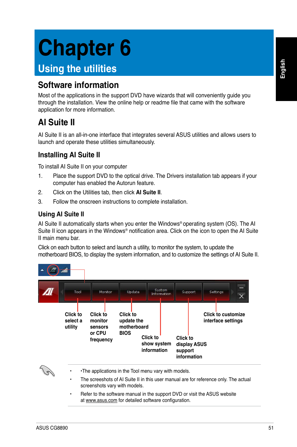 Chapter 6, Using the utilities, Ai suite ii | Software information, Installing ai suite ii | Asus CG8890 User Manual | Page 51 / 88