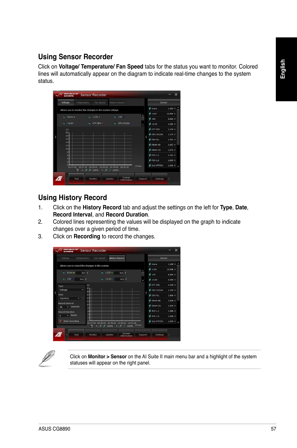 Using sensor recorder, Using history record | Asus CG8890 User Manual | Page 57 / 88