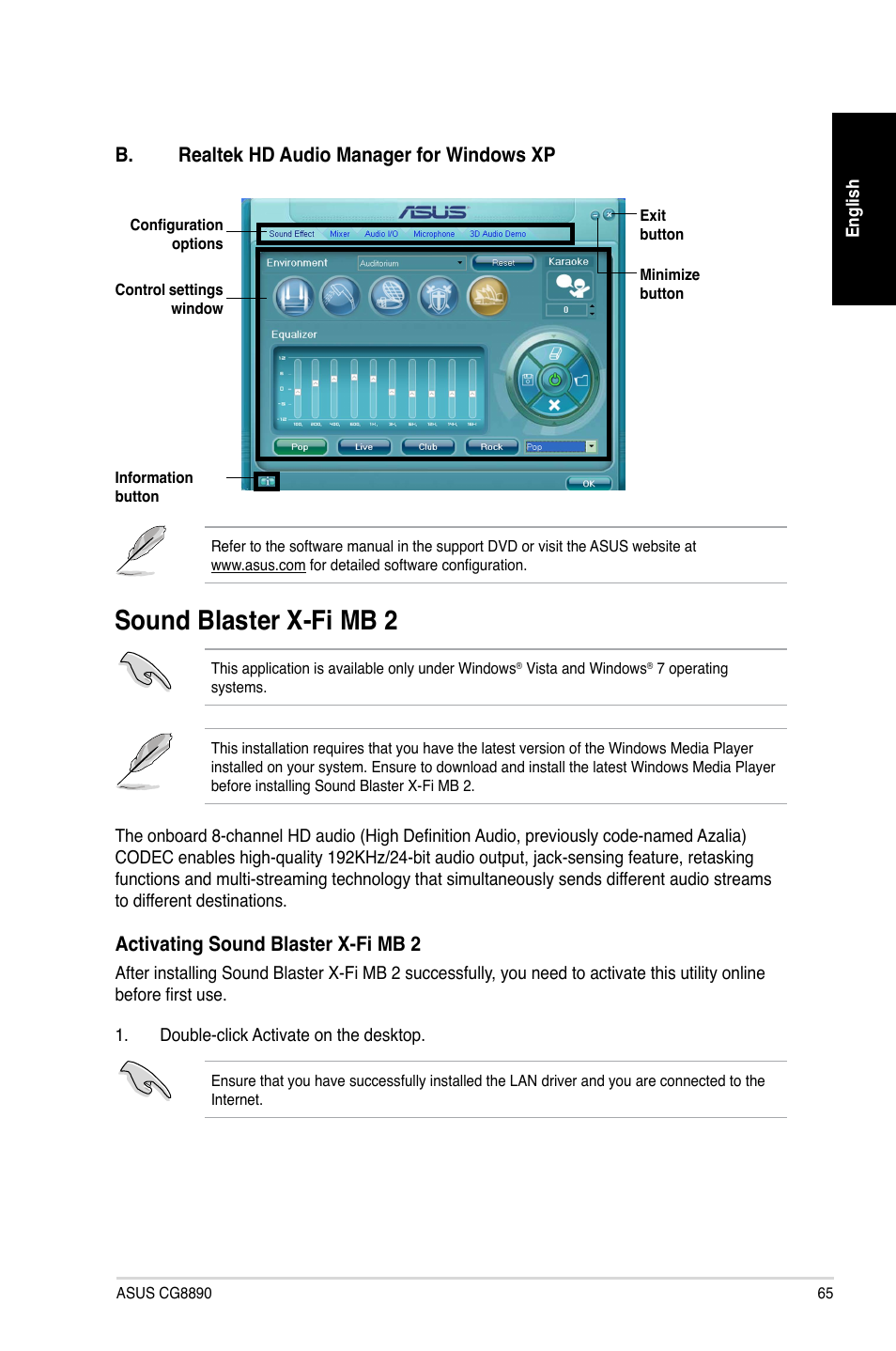 Sound blaster x-fi mb 2, Sound blaster x-fi mb, B. realtek hd audio manager for windows xp | Activating sound blaster x-fi mb 2 | Asus CG8890 User Manual | Page 65 / 88