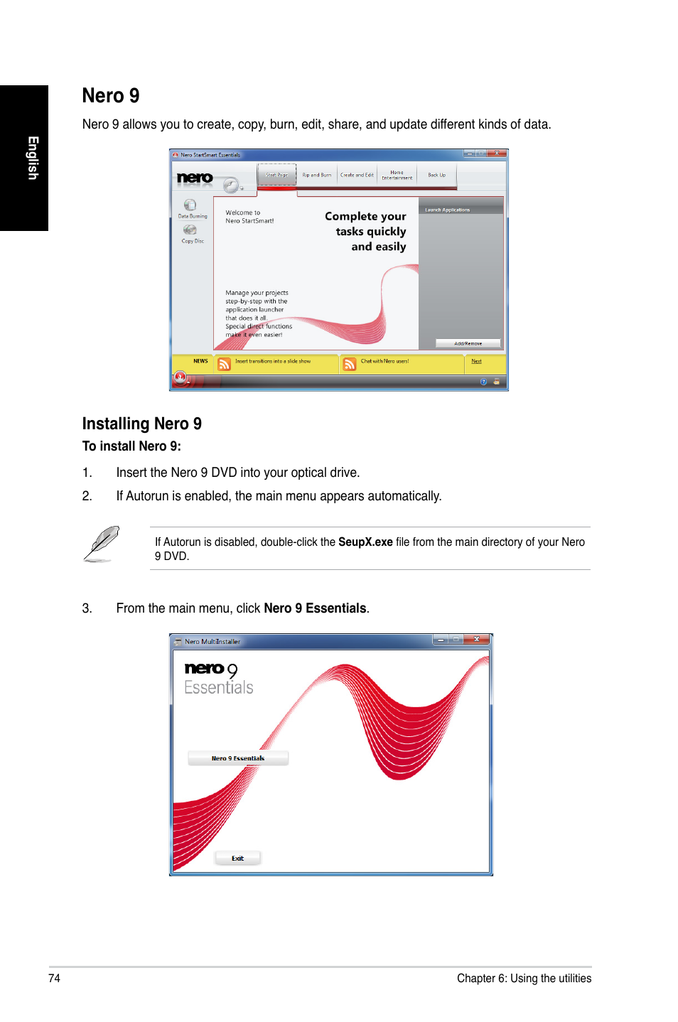 Nero 9, Installing nero 9 | Asus CG8890 User Manual | Page 74 / 88