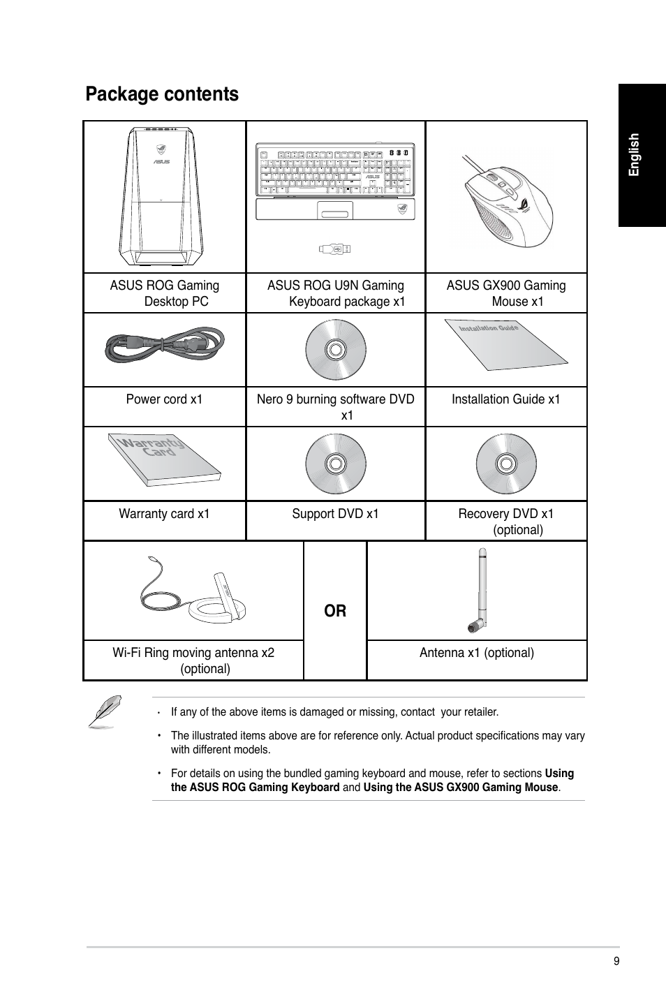 Package contents | Asus CG8890 User Manual | Page 9 / 88