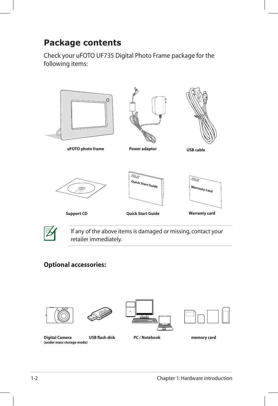 Package contents, Optional accessories | Asus UF735S User Manual | Page 10 / 40