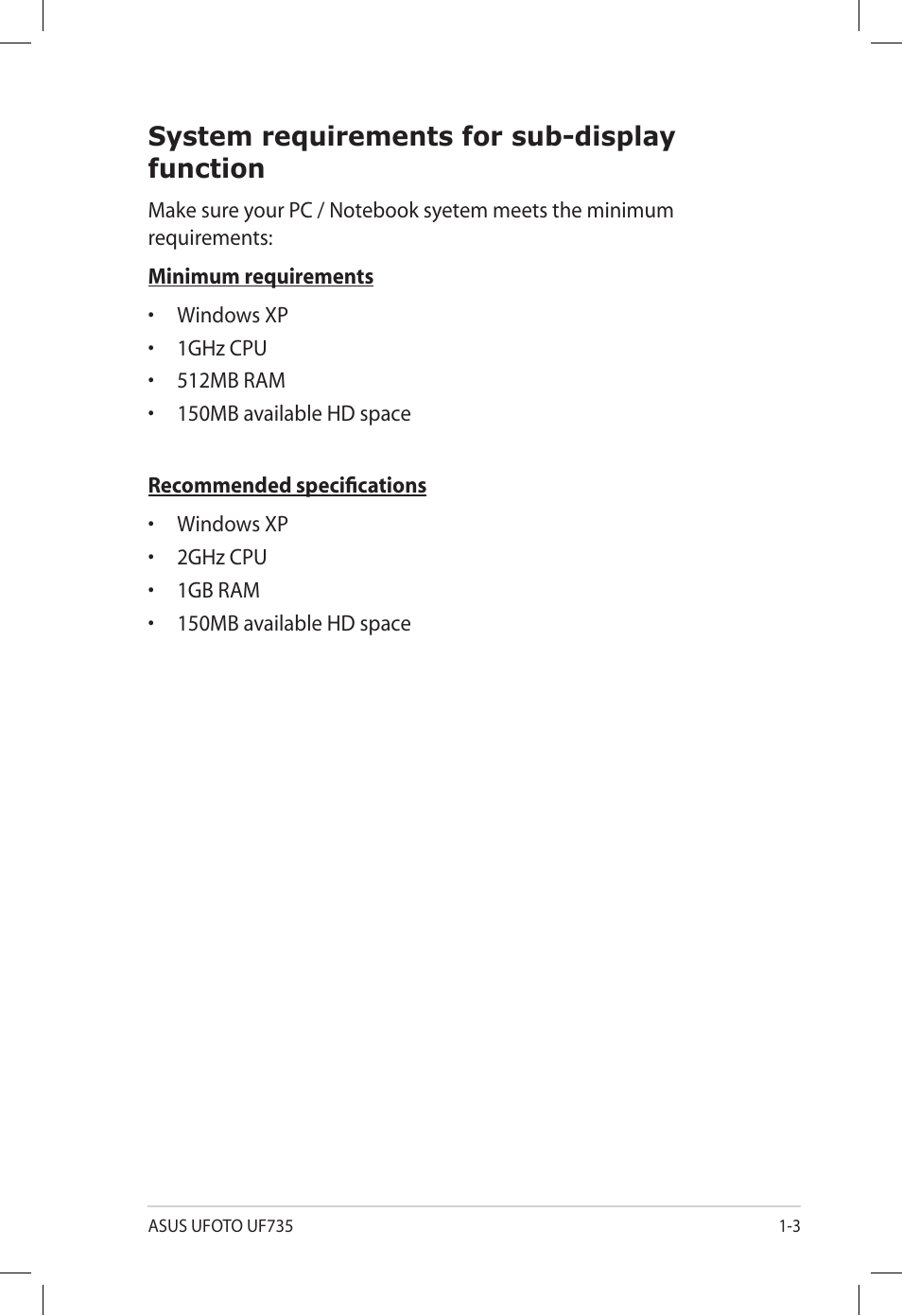 System requirements for sub-display function | Asus UF735S User Manual | Page 11 / 40