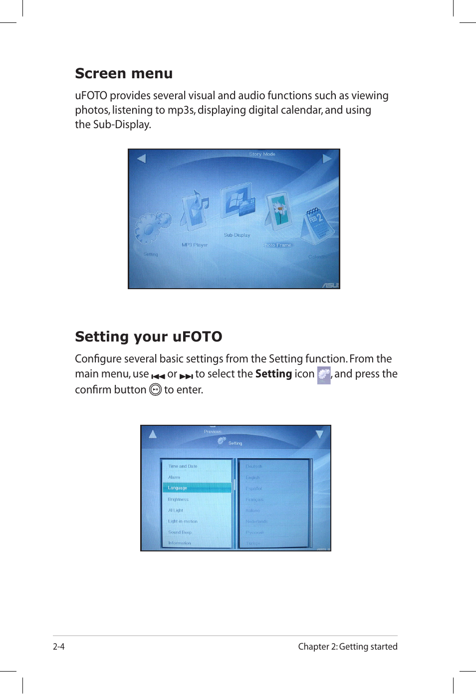 Setting your ufoto, Screen menu | Asus UF735S User Manual | Page 18 / 40