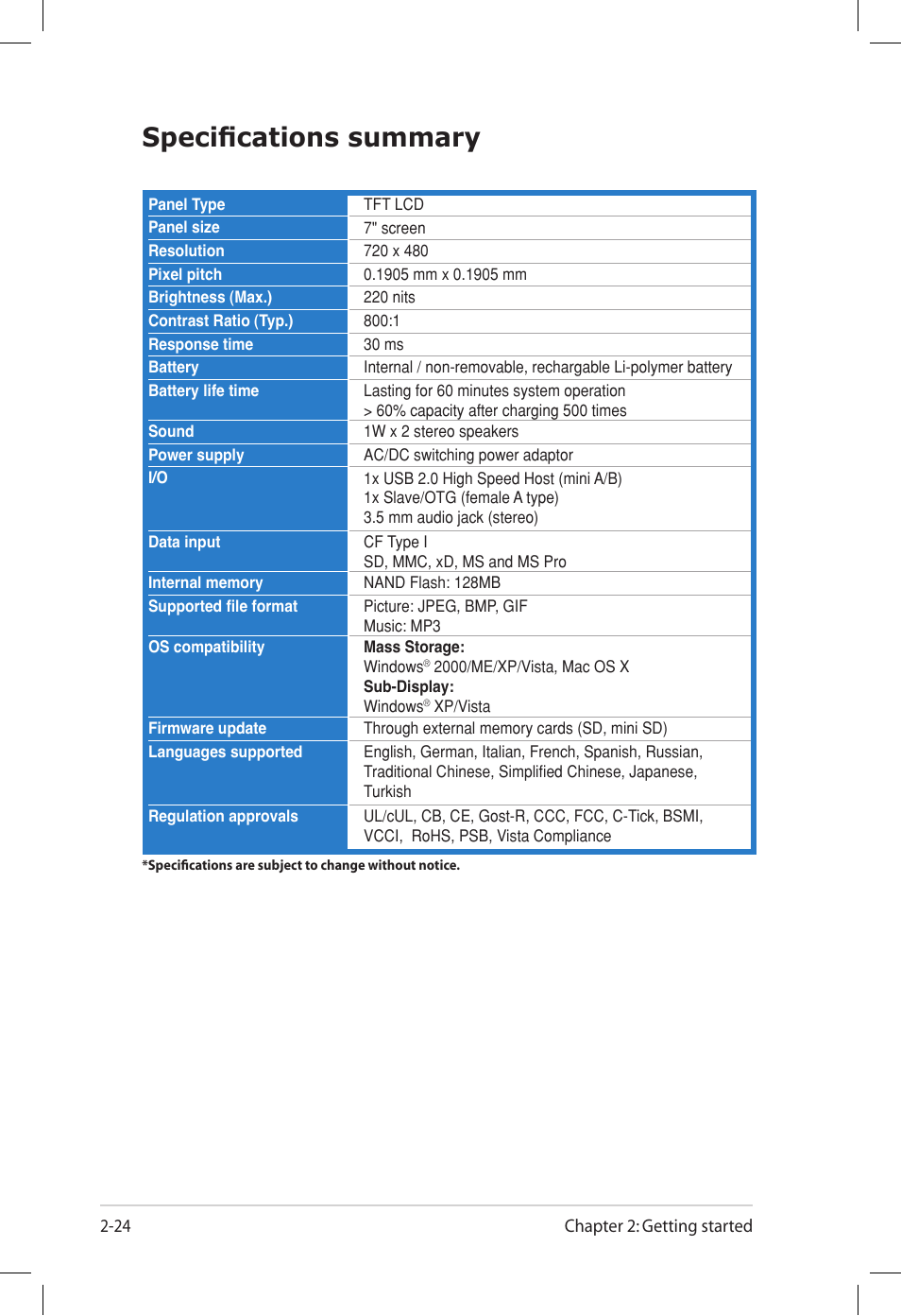 Specifications summary | Asus UF735S User Manual | Page 38 / 40